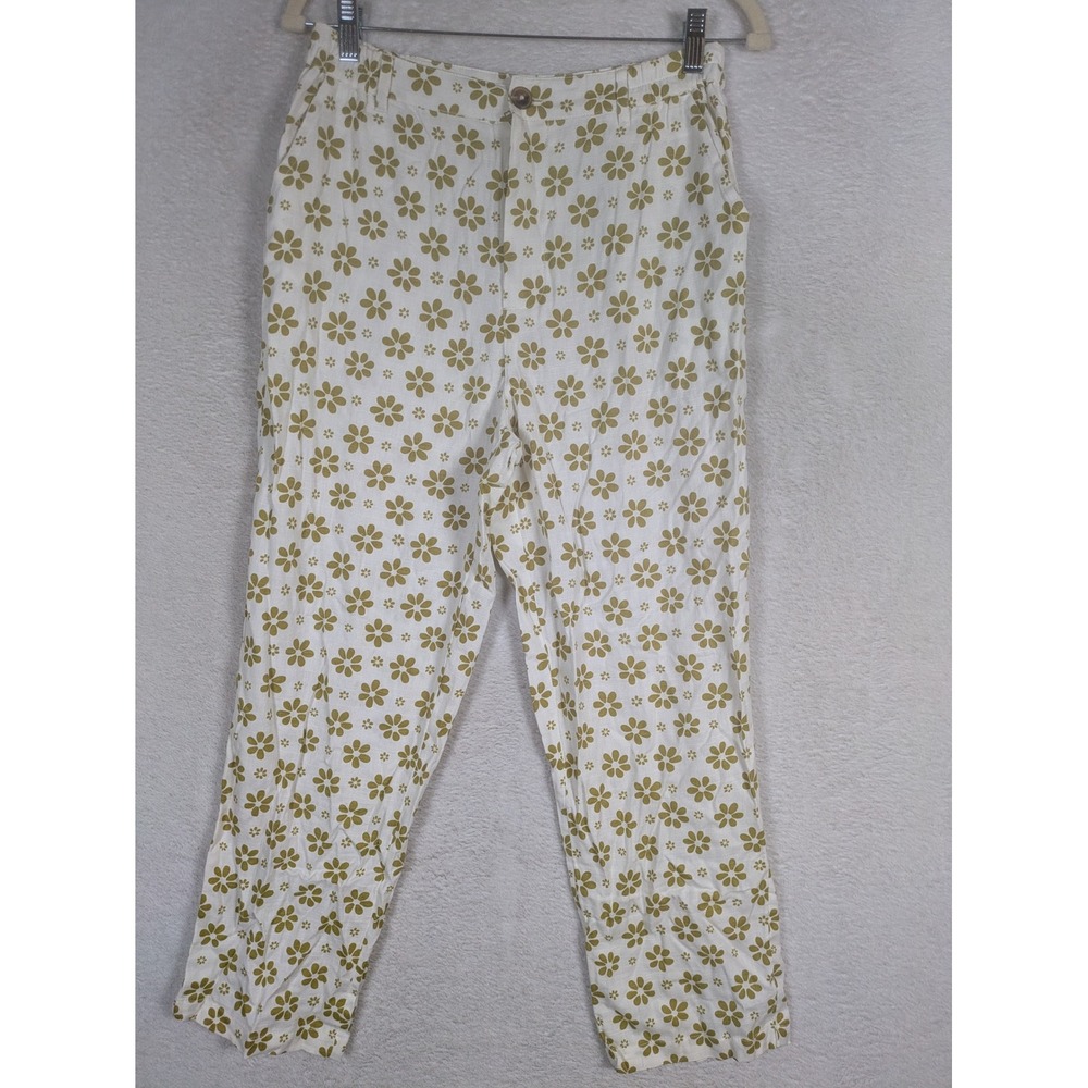 Billabong Pants Women's Medium White Olive Green Floral Daisy High Rise Relaxed